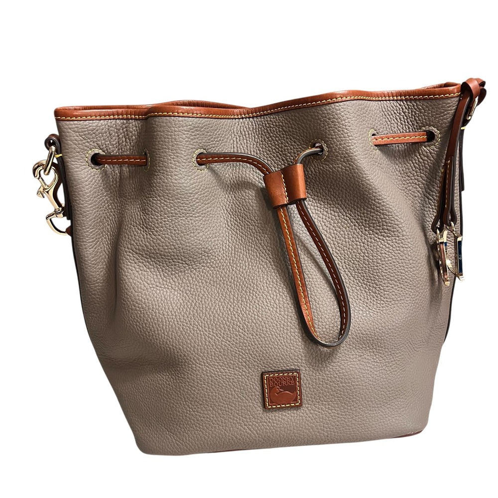 Dooney & Bourke Pebble Grain Small Drawstring Bag Grey Tan Leather Trim Shoulder